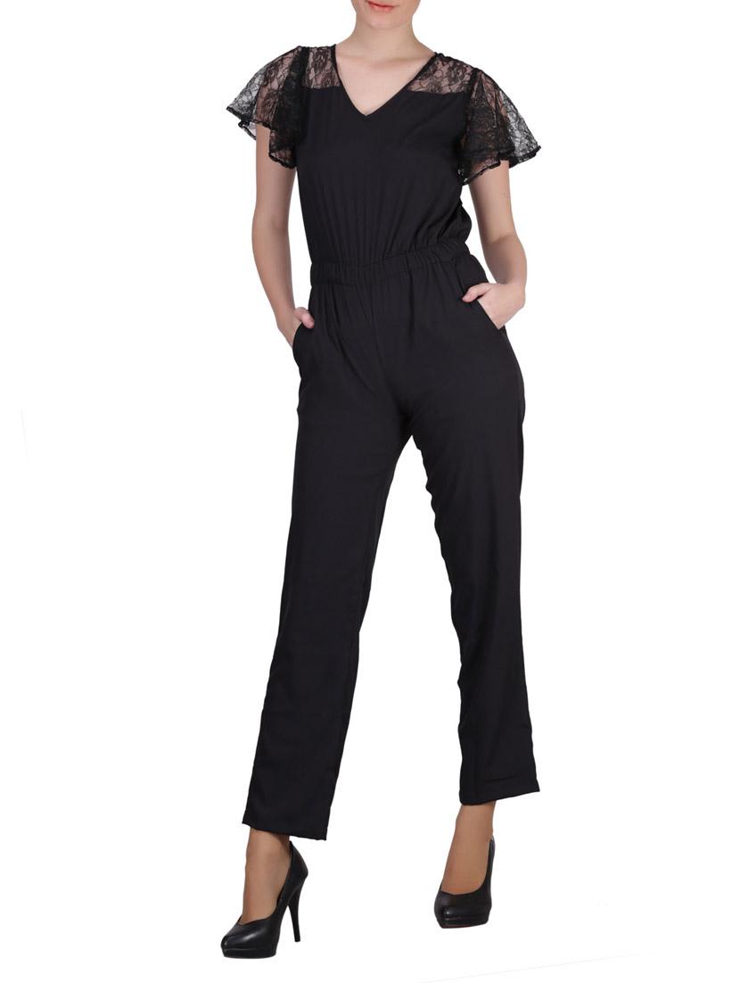 Black Floral Lace Ruffled Sleeve Crepe Jumpsuit - SIERRA