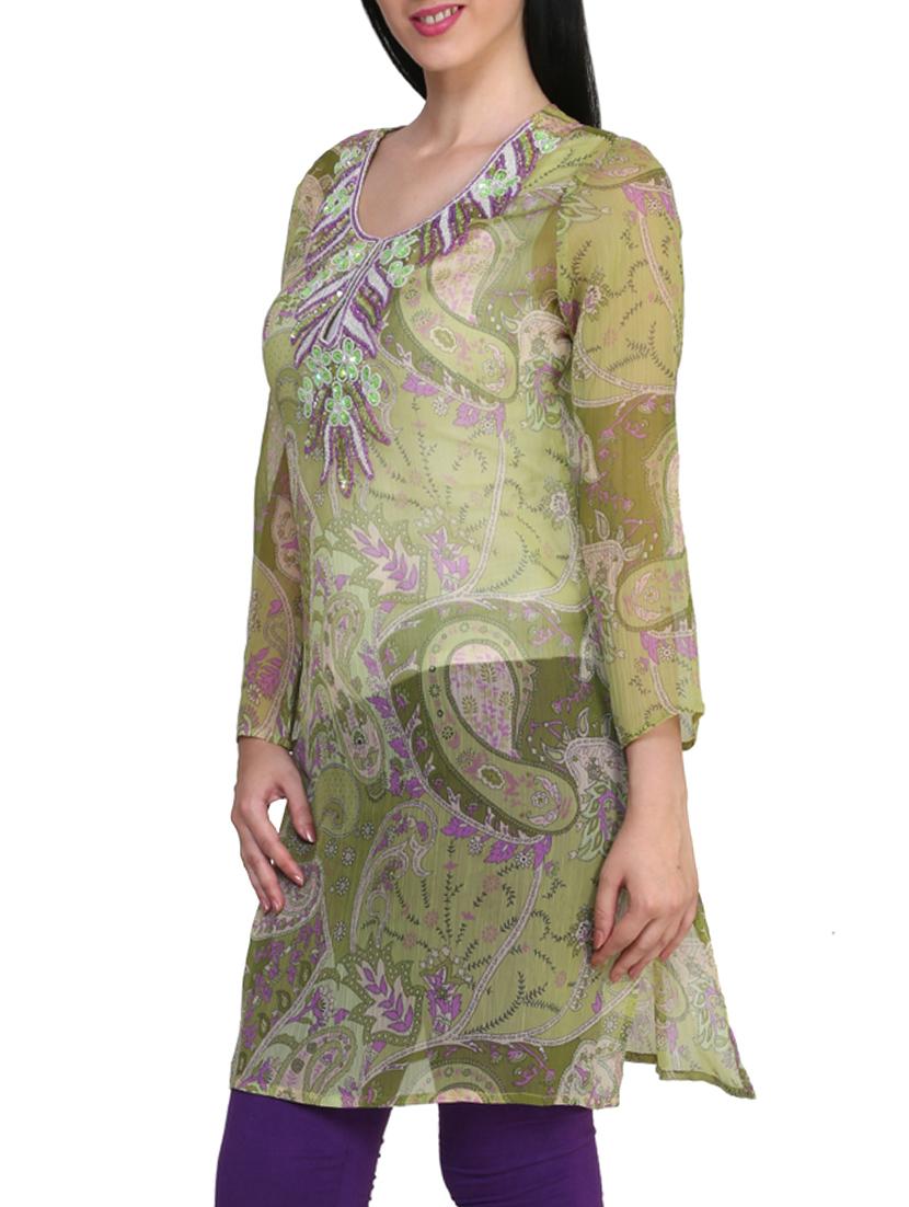 green chiffon straight kurta - 10024412 - Zoom Image - 2