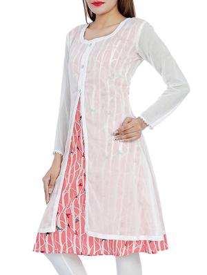White cotton printed layered kurta - 10033970 - Standard Image - 2
