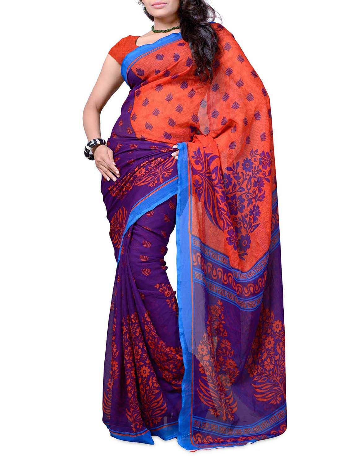 Purple & Orange Printed Georgette Saree - Ambaji