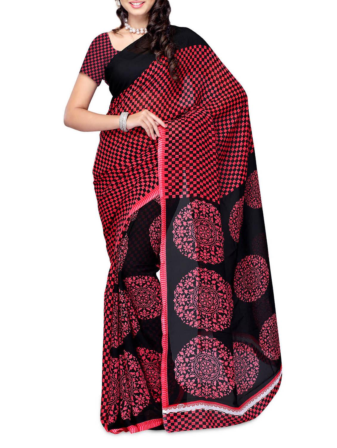 Checks Printed Red & Black Georgette Saree - Ambaji