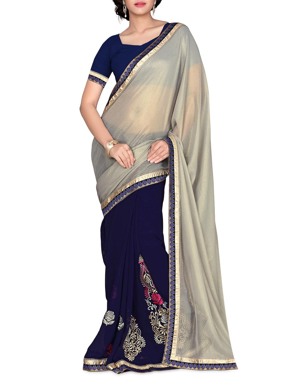 Navy Blue And Grey Chiffon Saree - Manvaa