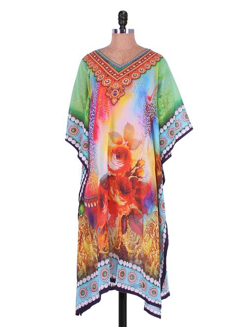 Multicoloured Asymmetrical Printed Georgette Kurti - Admyrin