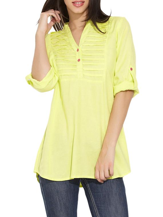 Yellow Pintuck Yoke Button-Up Sleeves Tunic - Victor Brown