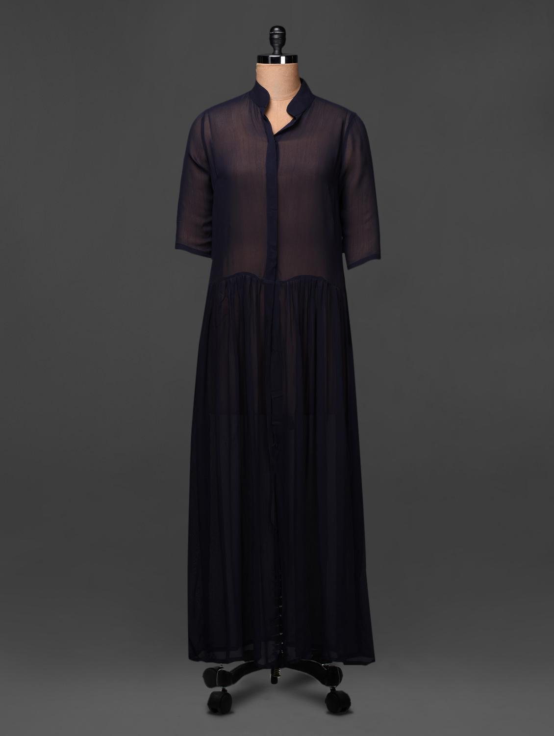 Mandarin Collar Sheer Georgette Maxi Dress - 335th