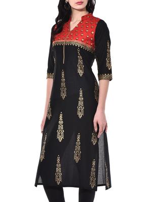 black cotton straight kurta - 10140437 - Standard Image - 2