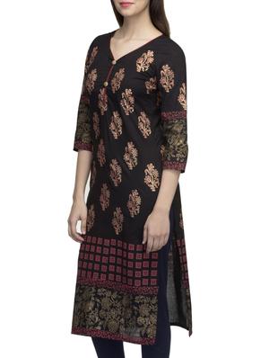 black cotton block printed straight kurta - 10157388 - Standard Image - 2