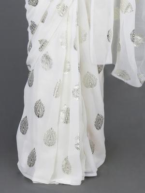 chiffon silver foil print saree - 1017602 - Standard Image - 2
