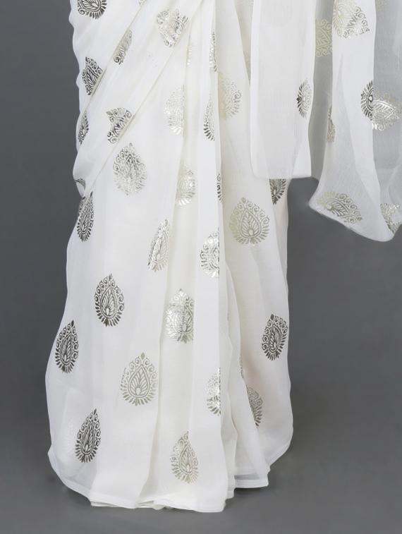 chiffon silver foil print saree - 1017602 - Zoom Image - 2