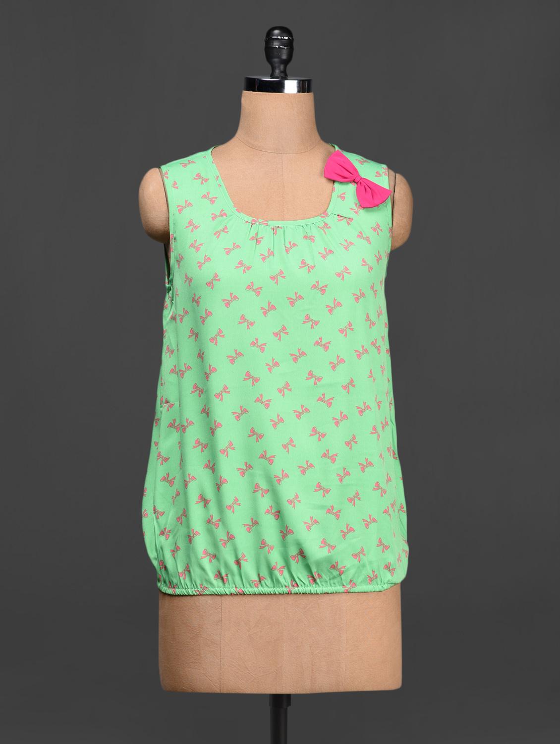 Green Bow Embellished Printed Crepe Top - LA ARISTA
