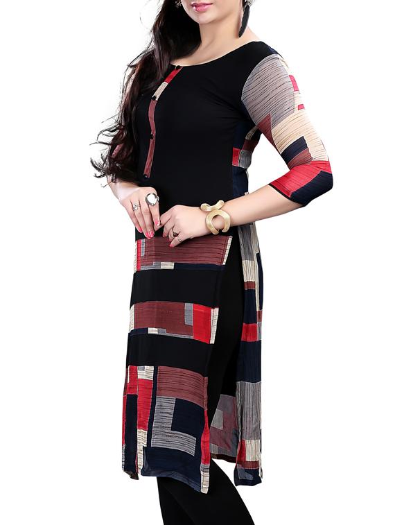 black crepe printed straight kurta - 10259583 - Zoom Image - 2