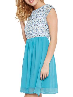 the vanca sky blue printed and gathered poly georgette skater dress - 10315154 - Standard Image - 2
