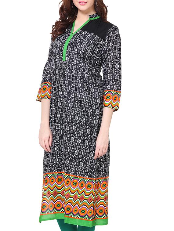 black, green cotton kurta - 10352912 - Zoom Image - 2