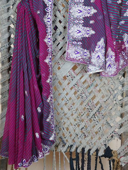 Heavy Embroidery Border Lehariya Georgette Saree - Lazza