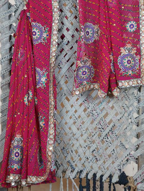 Heavily Embroidered Lehariya Georgette Saree - Lazza