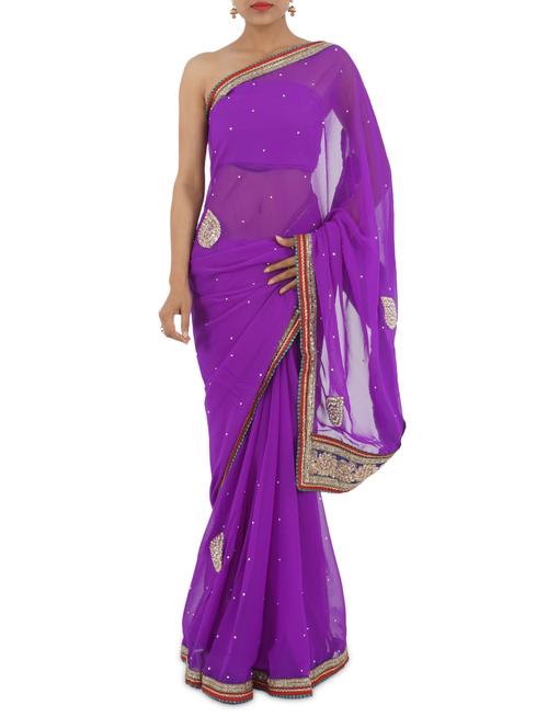 Embroidered Border Purple Georgette Saree - Aari Taari