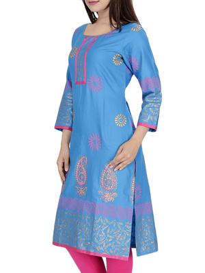 blue cotton straight kurta - 10474169 - Standard Image - 2