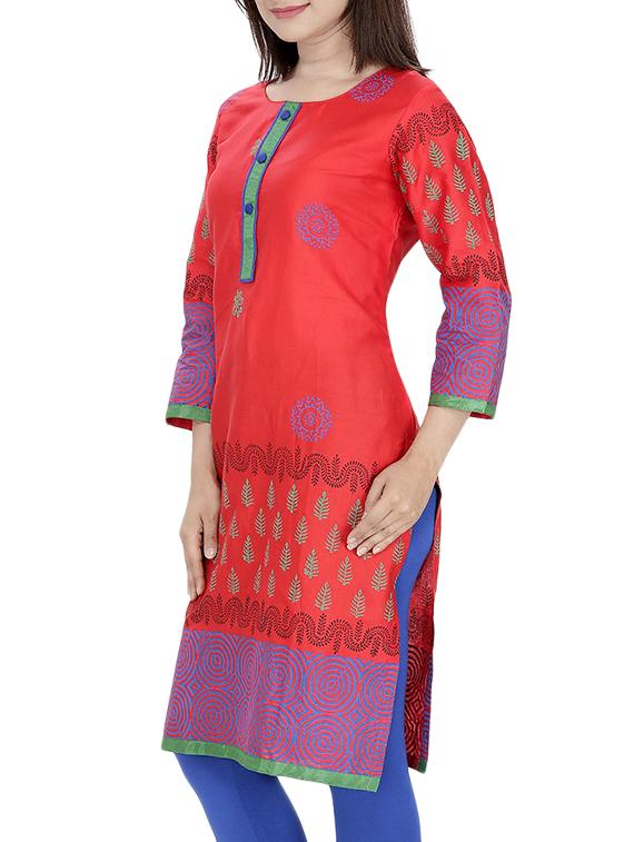 red cotton straight kurta - 10474183 - Zoom Image - 2
