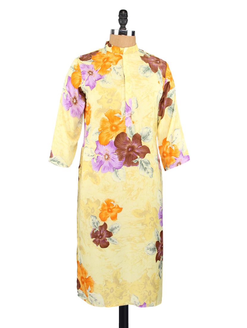 Quarter Sleeves Floral Print Crepe Kurta - Fashion205