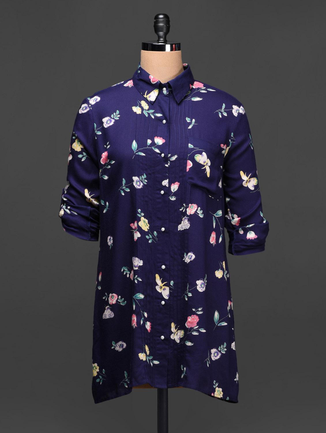 Navy Blue Floral Print Rayon Shirt - Raaziba