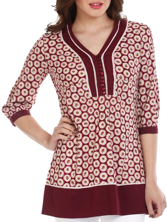 Maroon Printed Cotton Top - Mustard
