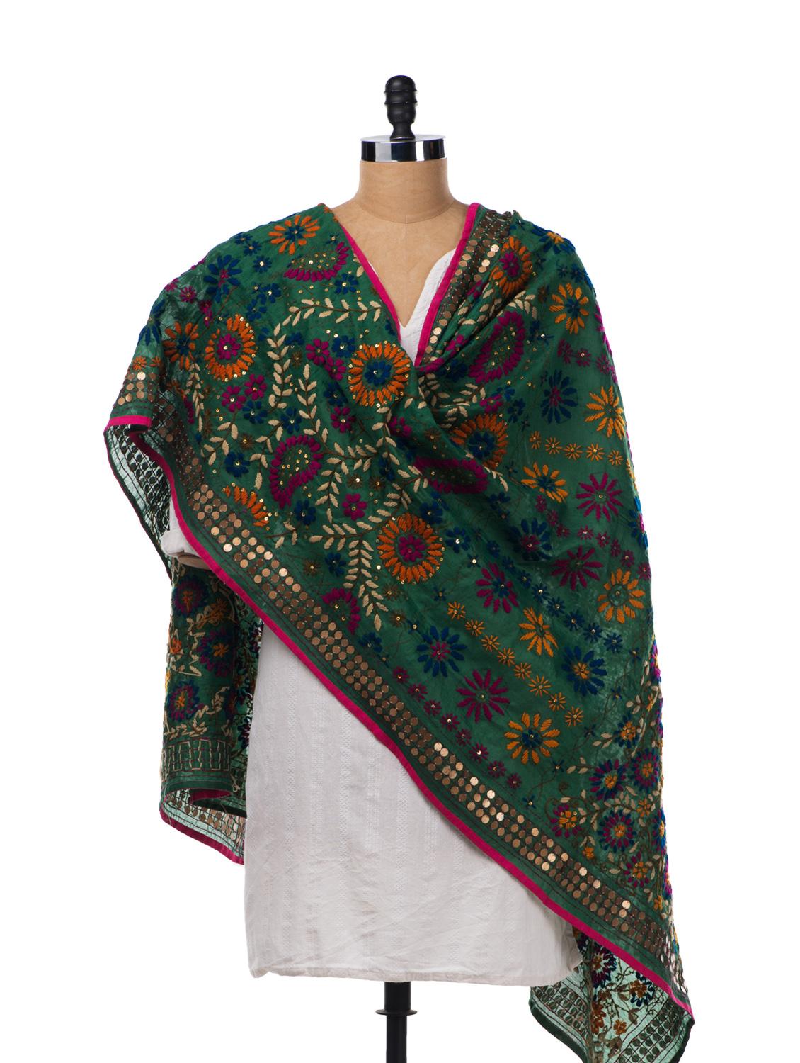 Green Chanderi Silk Hand Embroidered Dupatta - Vayana
