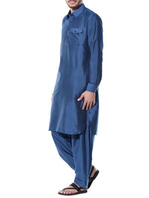 navy blue cotton silk pathani salwar set - 10551802 - Standard Image - 2