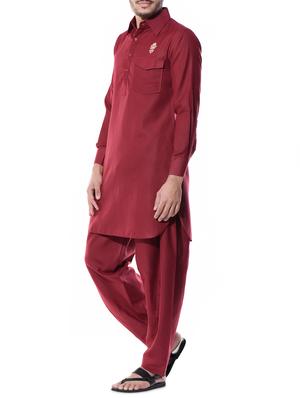 maroon cotton silk pathani set - 10551812 - Standard Image - 2