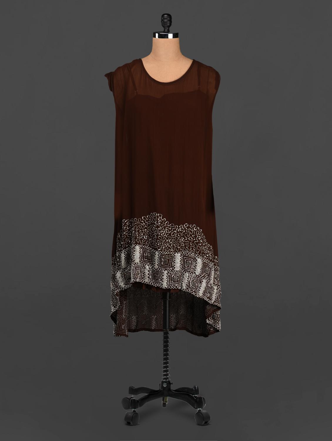 Brown Beads Embellished Asymmetric Dress - Rediscoverfashions