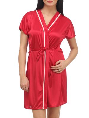 Red Plain Solid Satin Babydoll Nightwear Combo - 1058191 - Standard Image - 2