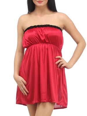 Red Plain Solid Satin Babydoll Nightwear Combo - 1058191 - Standard Image - 5