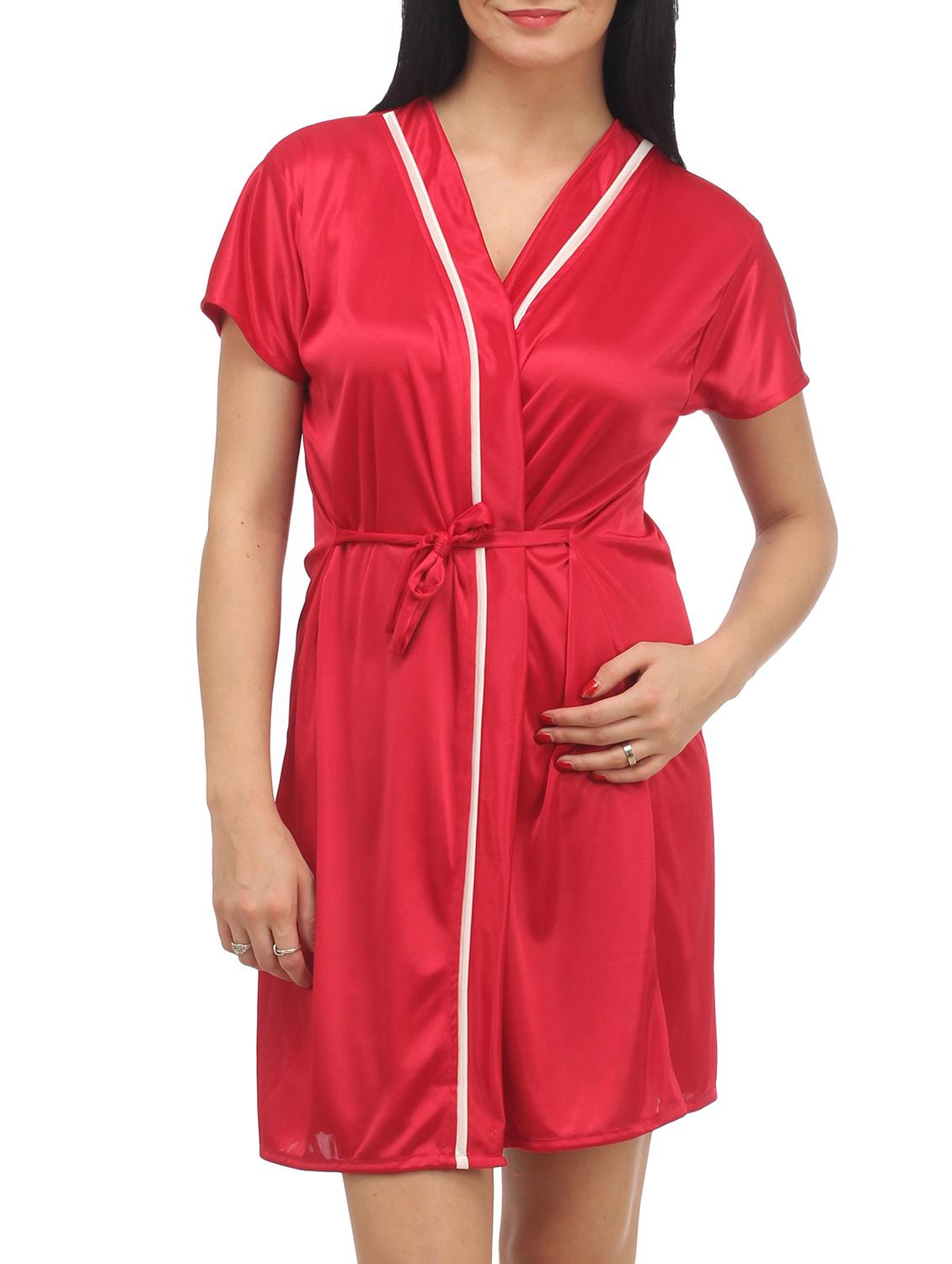 Red Plain Solid Satin Babydoll Nightwear Combo - 1058191 - Zoom Image - 2