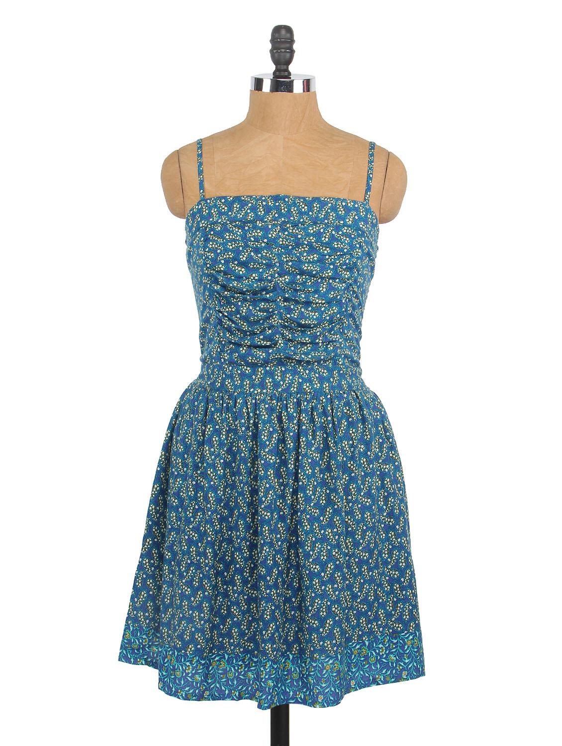 Blue Printed Camisole Neck Cotton Dress - Globus