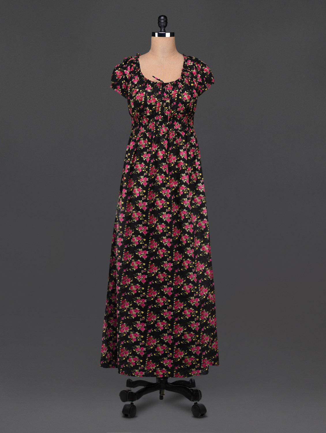 Black Cotton Floral Print Maxi Dress - Bhama Couture