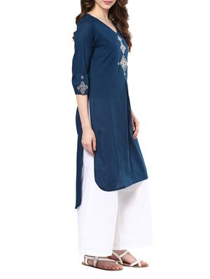 blue cotton high-low kurta - 10742498 - Standard Image - 2