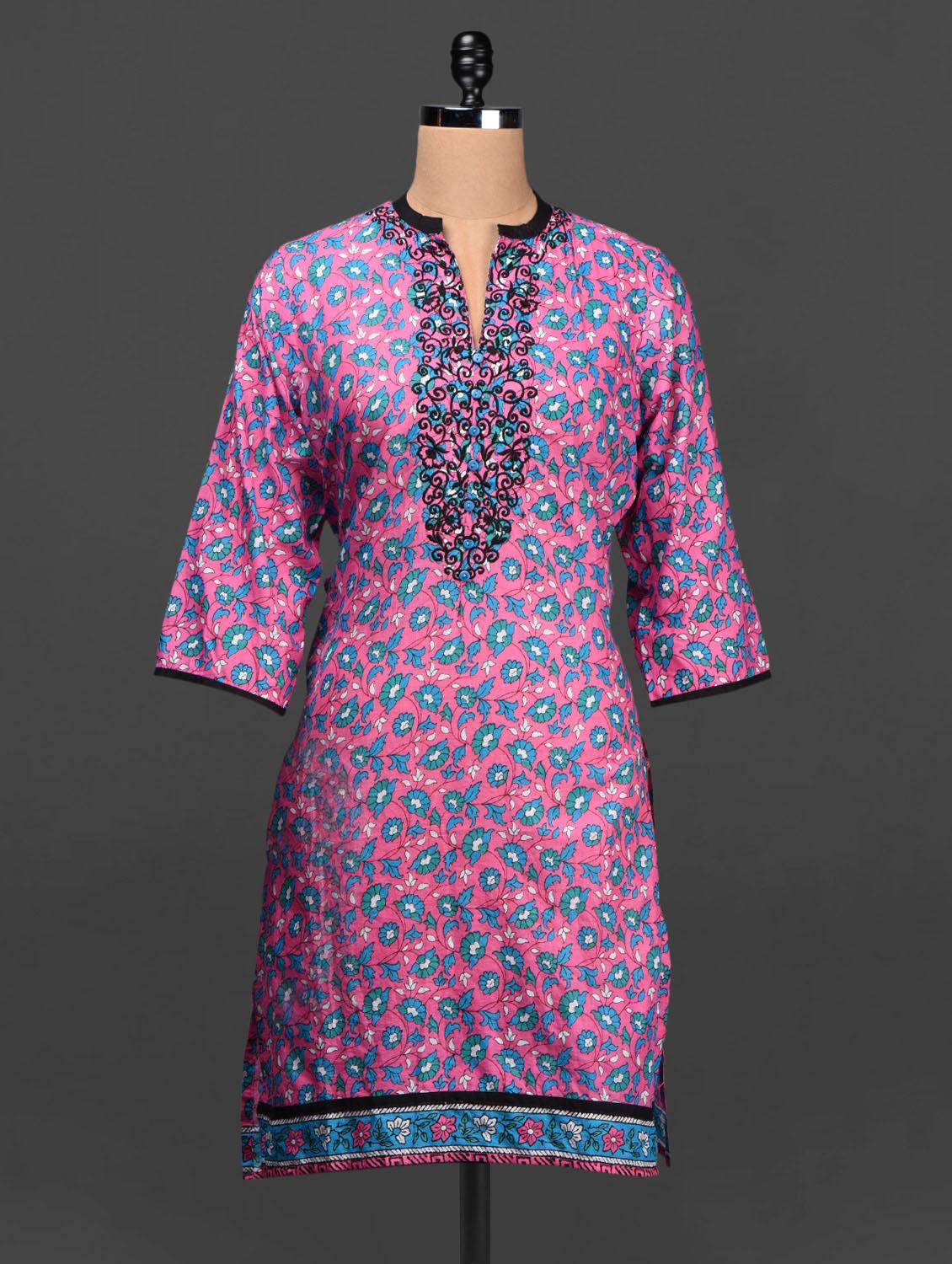 Floral Print Mandarin Collar Quarter Sleeves Cotton Kurta - SHREE