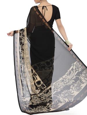 black georgette printed saree with blouse - 10764753 - Standard Image - 2