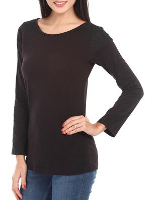 solid black lace yoke cotton top - 1078009 - Standard Image - 2