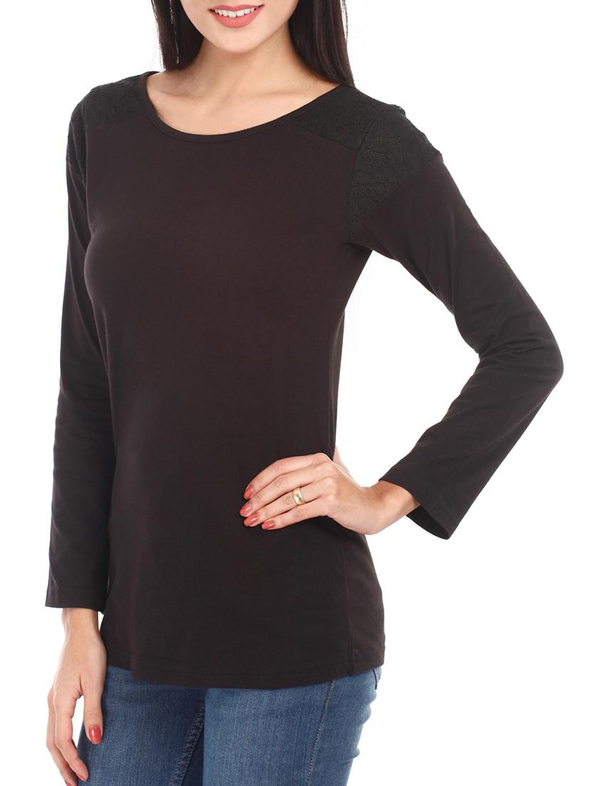 solid black lace yoke cotton top - 1078009 - Zoom Image - 2