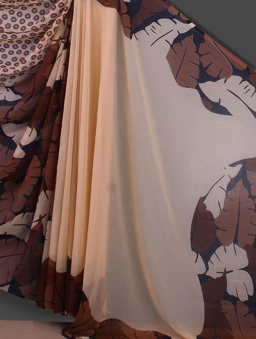 Floral & Leaf Printed Beige Saree - Bunny Sarees