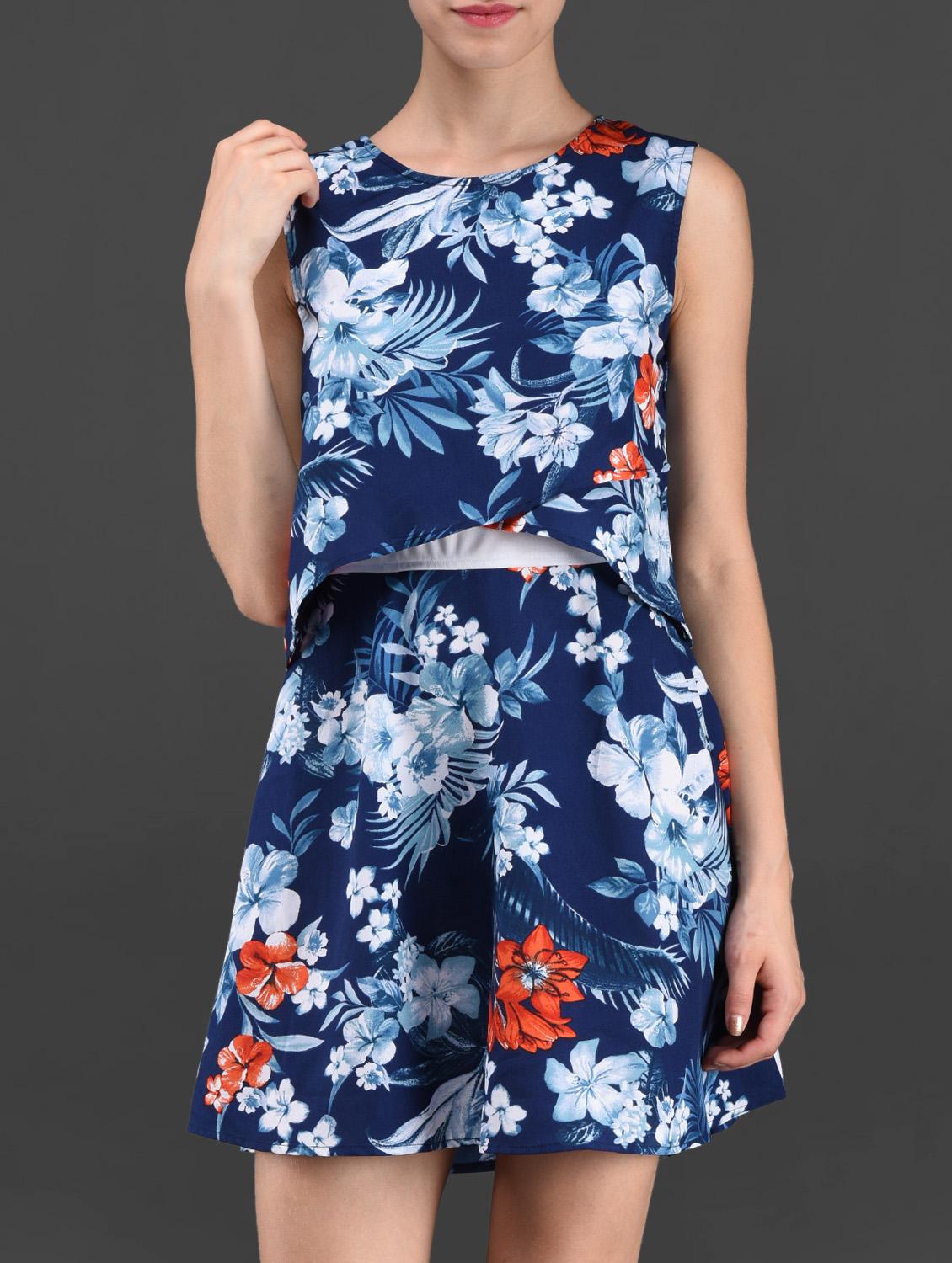 Floral Print Sleeveless Crepe Dress - Ridress