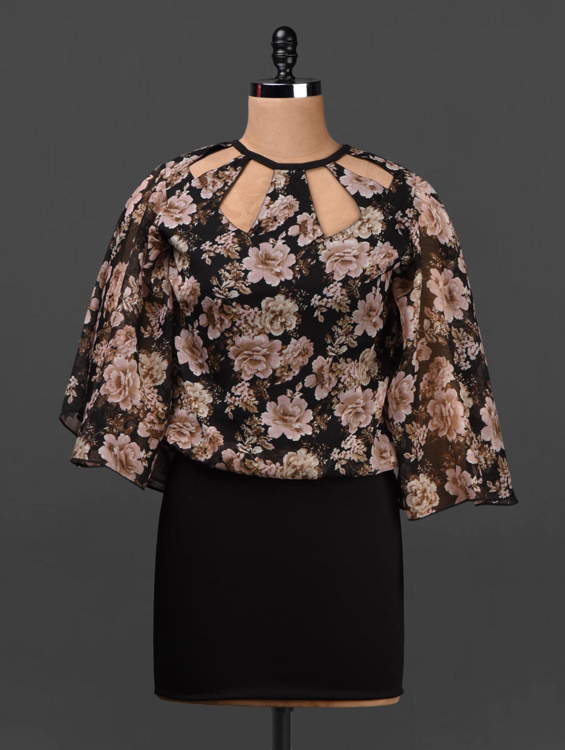 Black Floral Print Chiffon Short Dress - Ridress