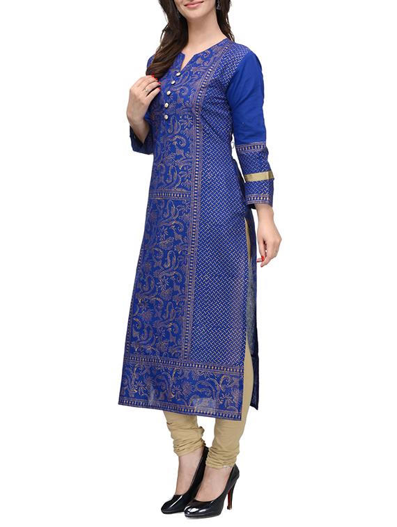 blue cotton straight kurta - 10809467 - Zoom Image - 2