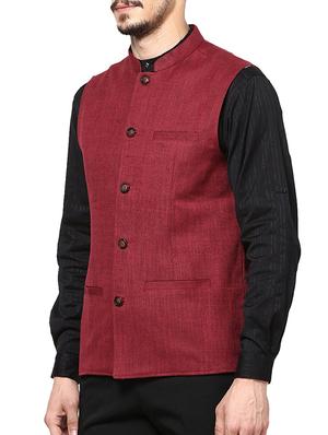 solid red jute nehru jacket - 10839823 - Standard Image - 2