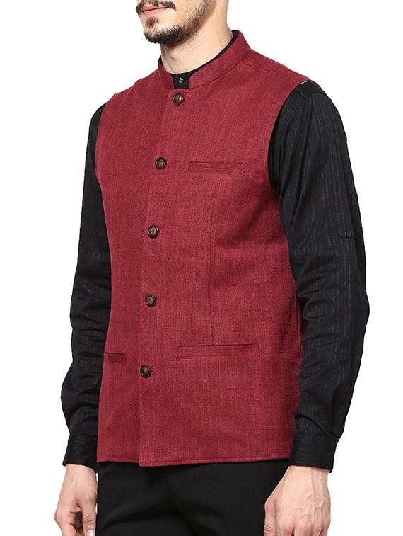 solid red jute nehru jacket - 10839823 - Zoom Image - 2
