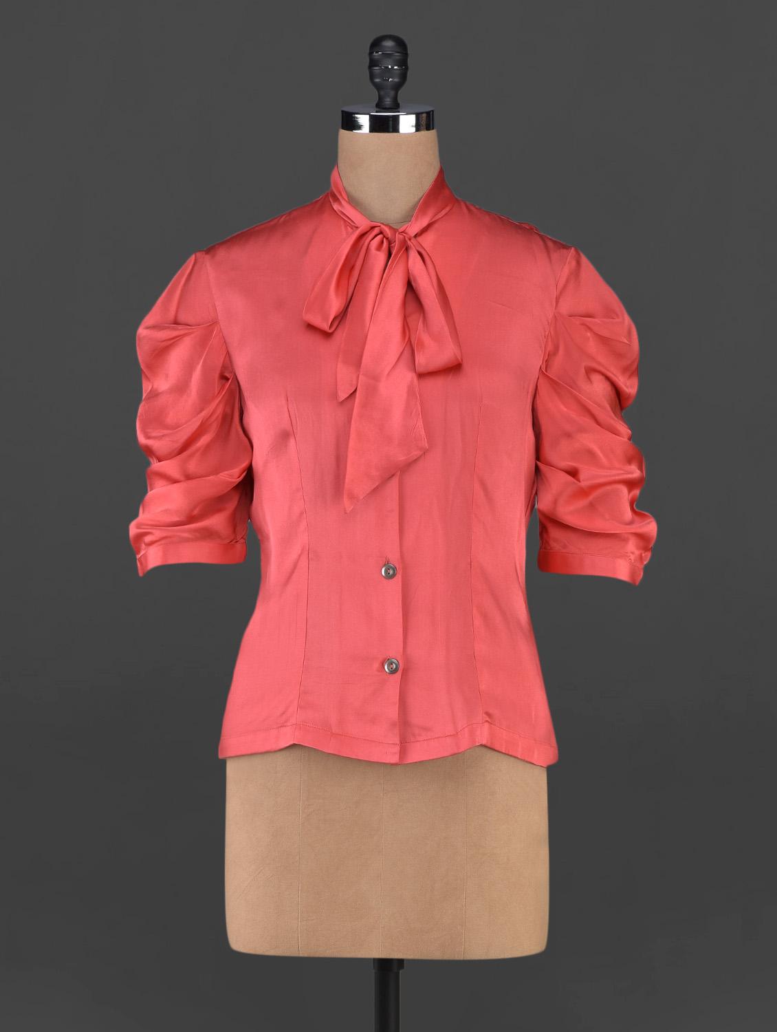 Coral Satin Shirt With Neck Tie-up - MARMALADE