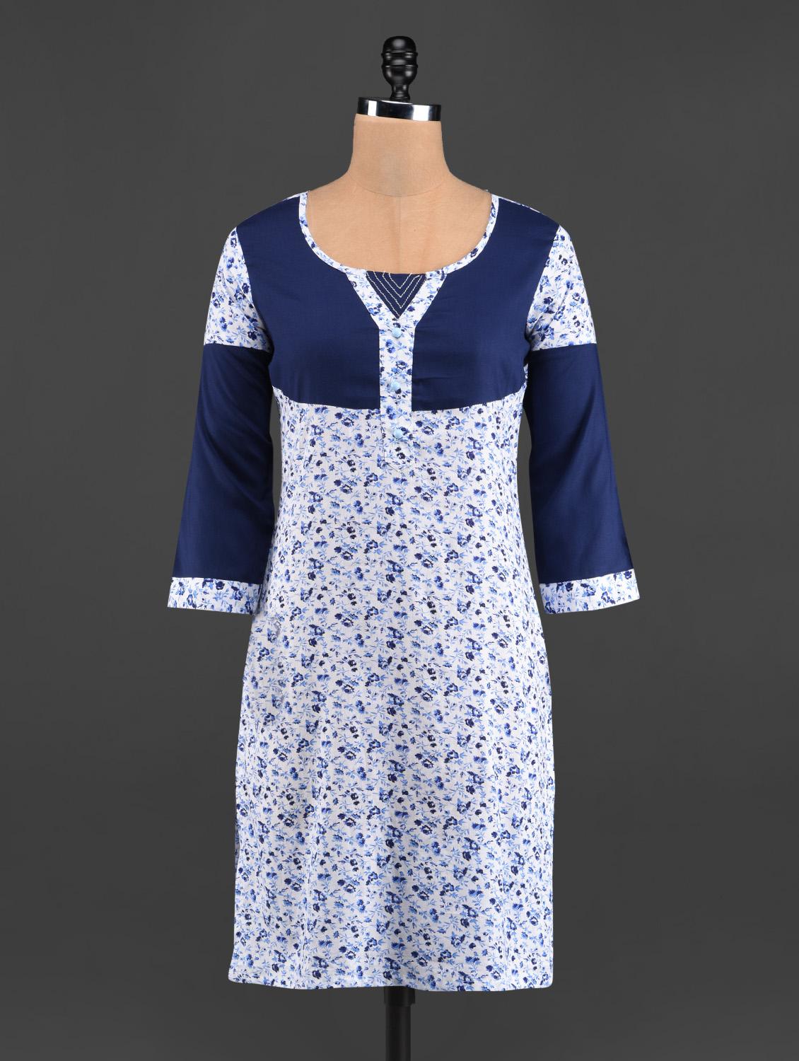 Navy Blue & White Printed Cotton Kurti - LINGRA