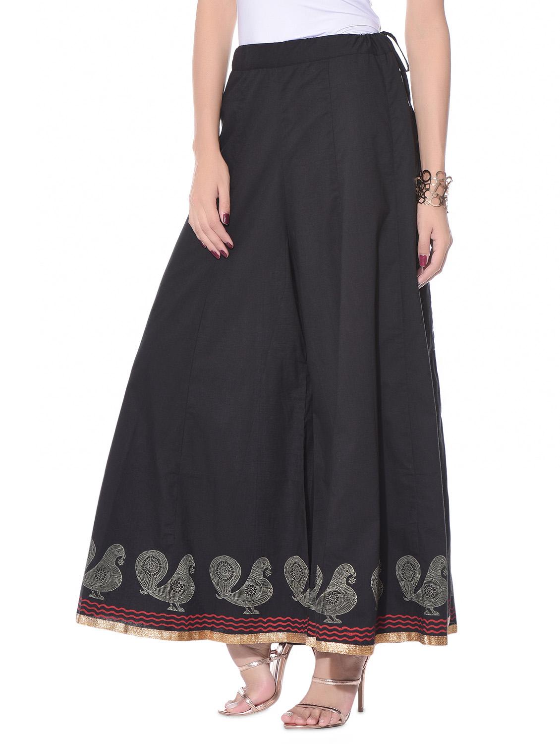 Black hand block print cotton divided skirt - 10967072 - Zoom Image - 2