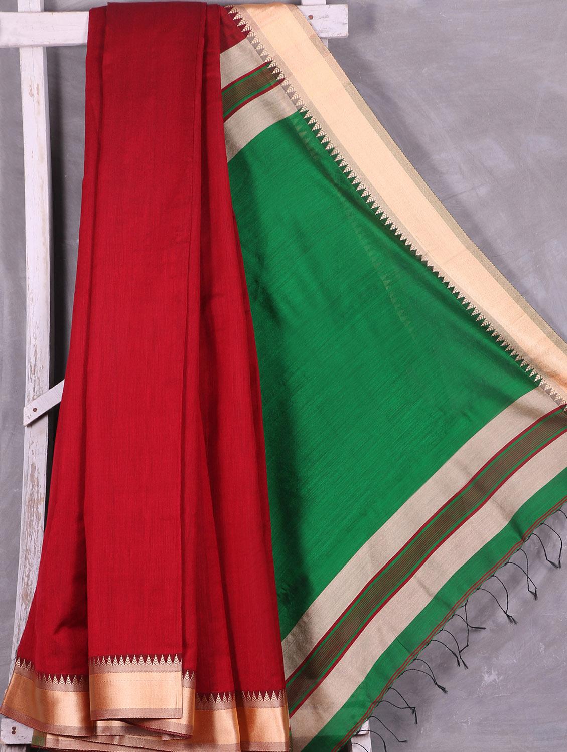 Contrast Green Pallu Red Cotton Silk Saree - Ruplekha Fashion