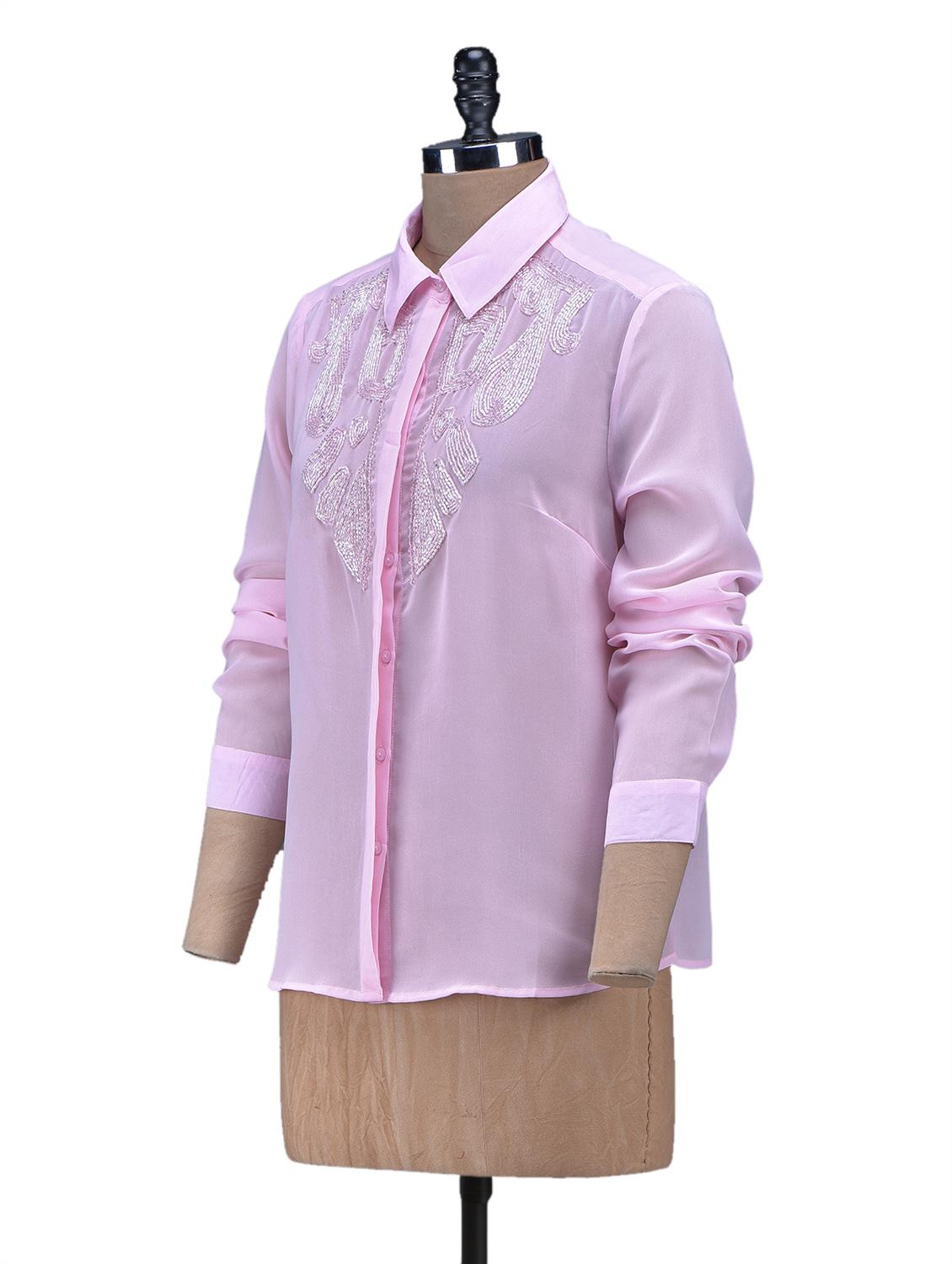 Pink Concealed Placket Embellished Top - 1113224 - Zoom Image - 2